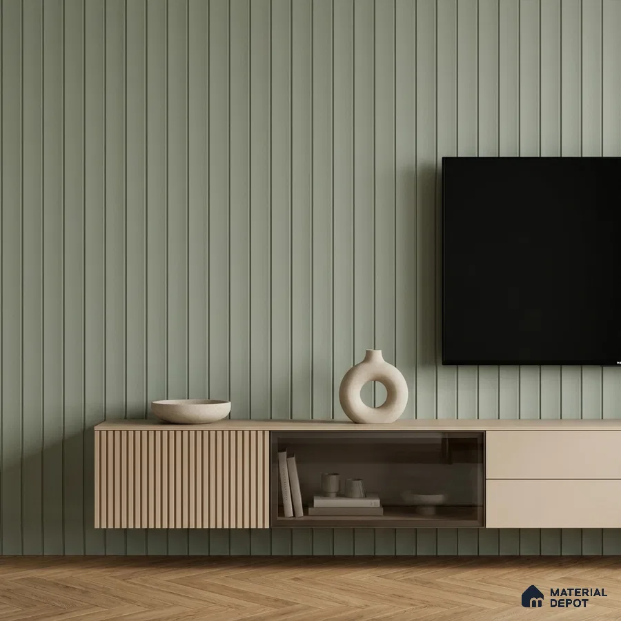 Minimalist TV unit with sage green fluted wall panels and beige matte laminate cabinet
