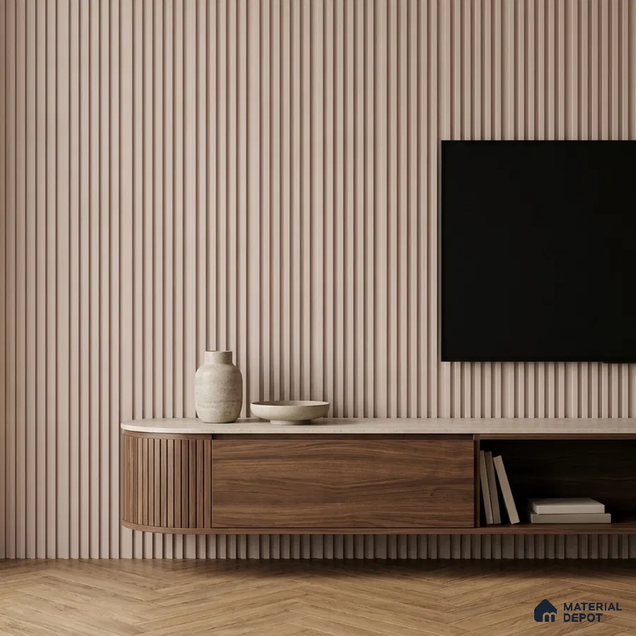 Minimalist TV unit with walnut wood laminate, beige fluted wall panels, and herringbone wooden flooring
