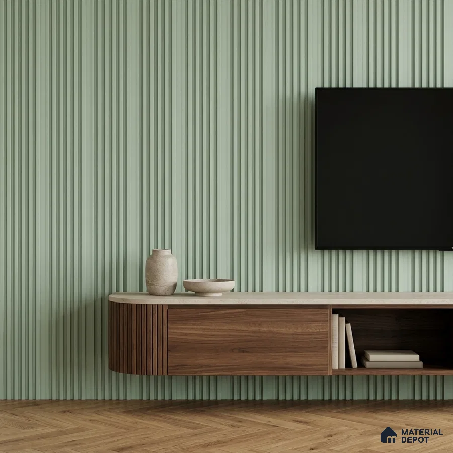 Minimalist TV unit with sage green fluted wall panels and walnut wood laminate cabinet