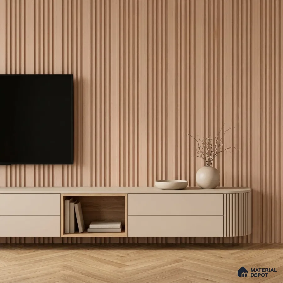 Minimalist TV unit with beige laminate, fluted wood wall panels, and herringbone wooden flooring