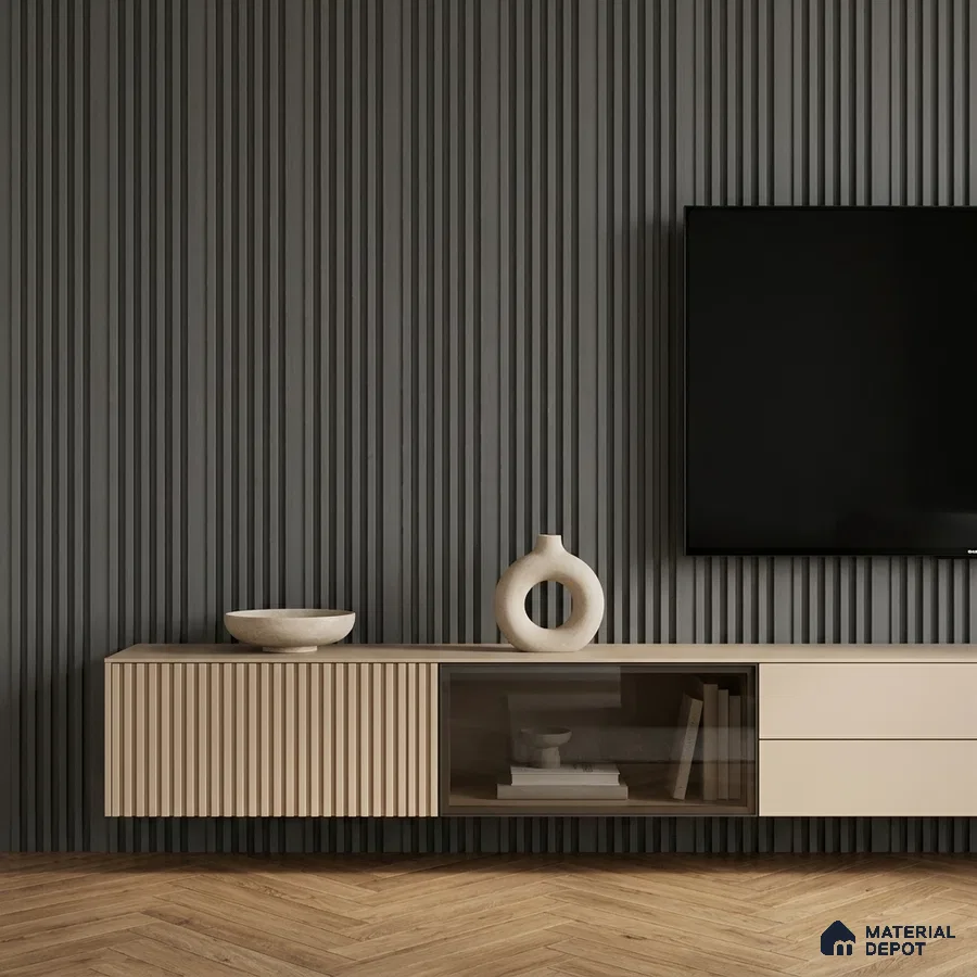 Minimalist TV unit with taupe fluted laminate, matte black fluted wall panels, and herringbone wood flooring