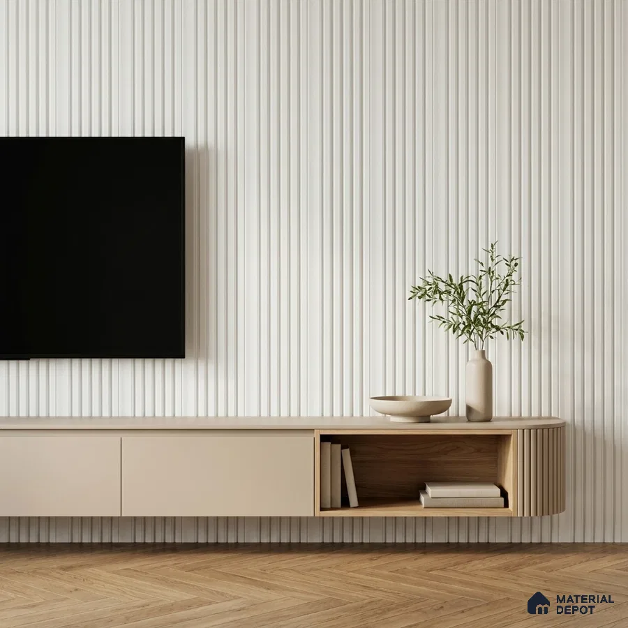 Minimalist TV unit with beige laminate, white fluted wall panels, and herringbone wood flooring