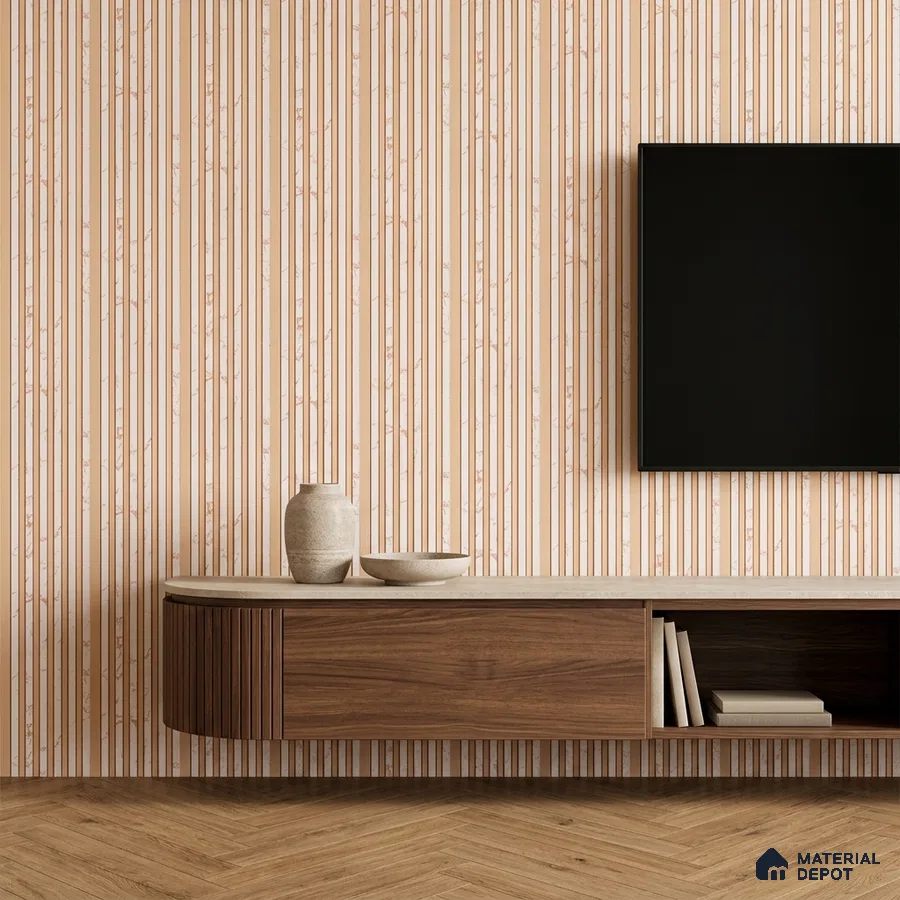 Minimalist TV unit with walnut wood laminate, beige marble-look top, and vertical striped tile