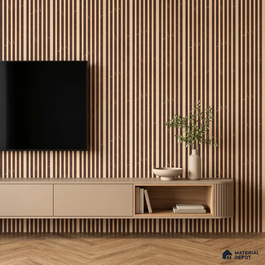Minimalist TV unit with beige laminate, oak wood floating cabinet, and vertical wood louver wall panel