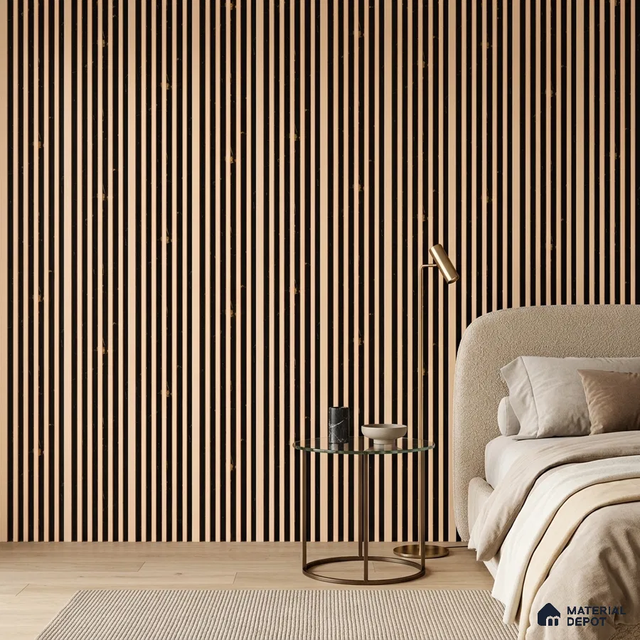 Japandi bedroom with natural wood fluted wall panels and beige upholstered bed