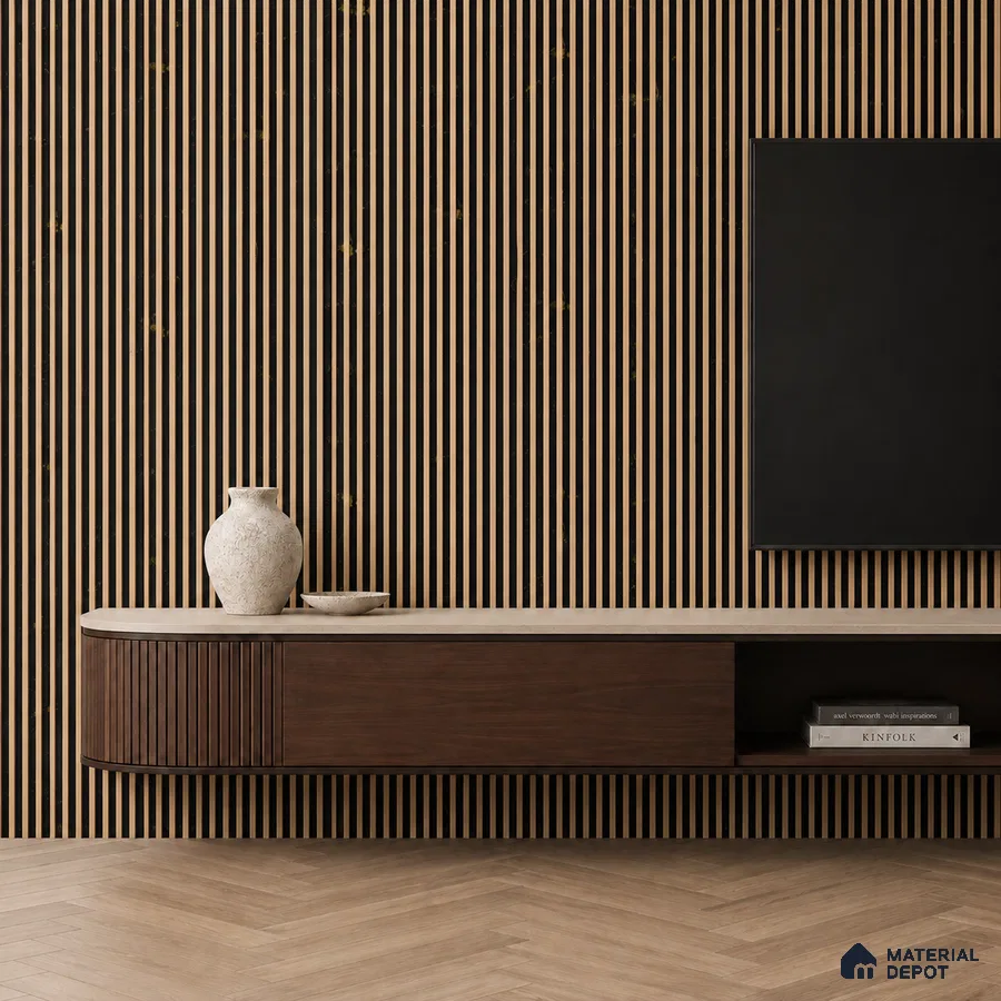 Minimalist TV unit with oak wood fluted wall panels and walnut laminate floating cabinet
