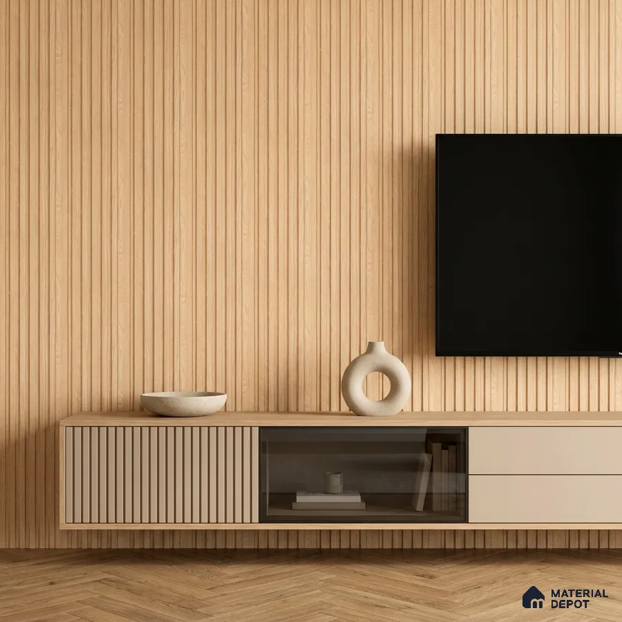 Minimalist TV unit with light oak fluted wall panels and beige laminate floating cabinet