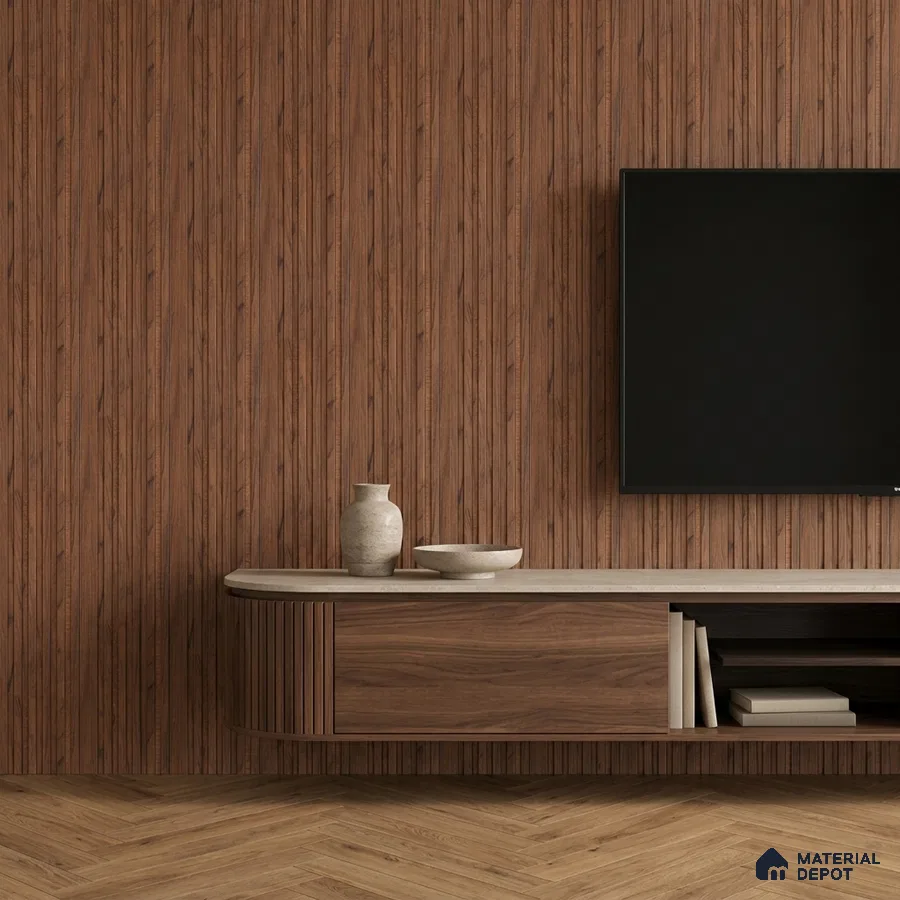 Minimalist TV unit with walnut wood laminate, fluted wall panels, and herringbone wooden flooring