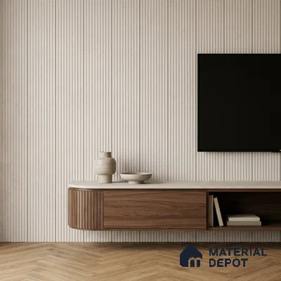 Minimalist TV unit with beige fluted wall panels and walnut wood laminate on floating cabinet