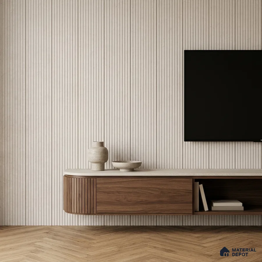 Minimalist TV unit with beige fluted wall panels and walnut wood laminate on floating cabinet
