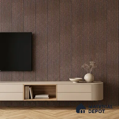 Minimalist TV unit with walnut brown fluted wall panels and beige matte laminate cabinet