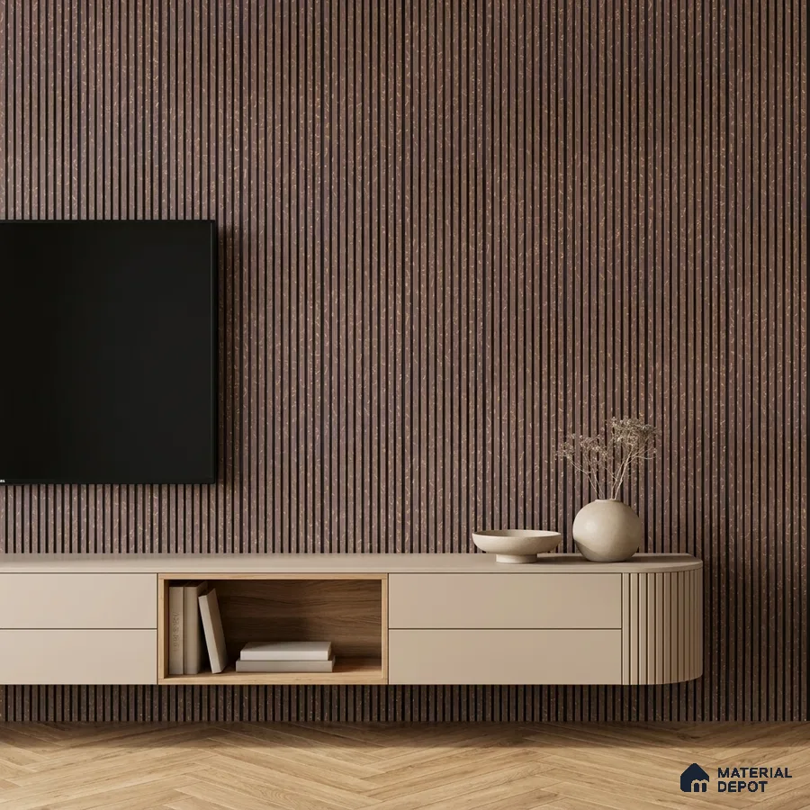 Minimalist TV unit with walnut brown fluted wall panels and beige matte laminate cabinet