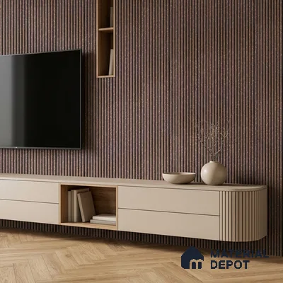 Modern TV unit with walnut brown fluted wall panels and beige laminate floating cabinet