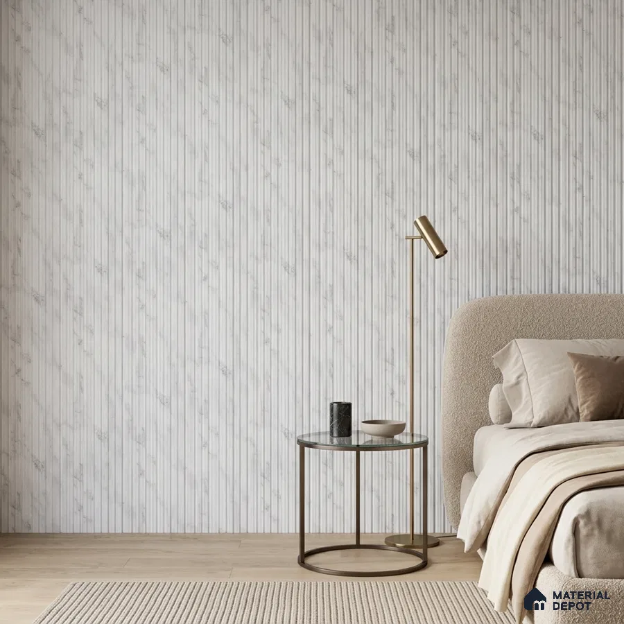 Minimalist bedroom with marble-look fluted wall panels and beige fabric upholstery