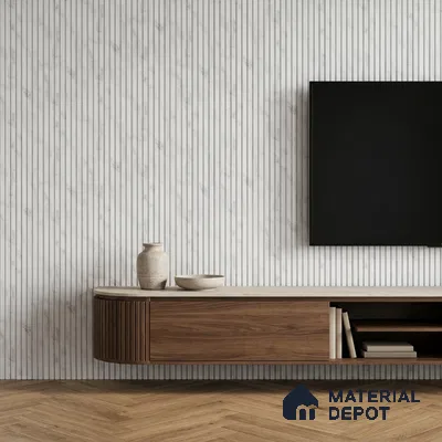 Minimalist TV unit with walnut wood laminate, marble-look fluted wall panels, and herringbone wooden flooring