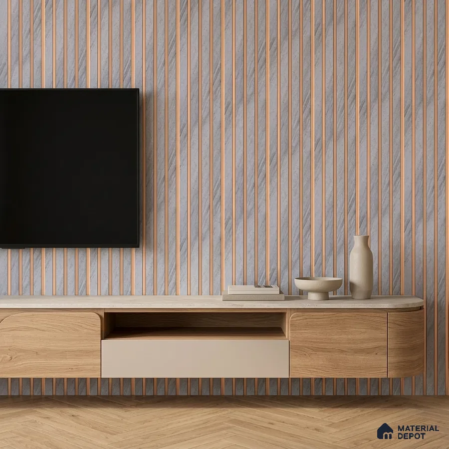 Minimalist TV unit with light oak laminate, beige laminate, and marble-look vertical louver wall panel