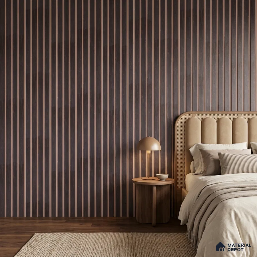 Japandi bedroom with walnut wood fluted wall panels and beige suede upholstered bed