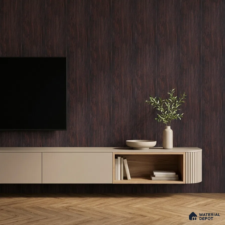 Modern TV unit with beige laminate, walnut fluted wall panels, and herringbone wooden flooring