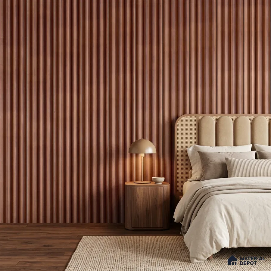 Japandi bedroom with walnut fluted wall panels, cane headboard, and beige upholstery