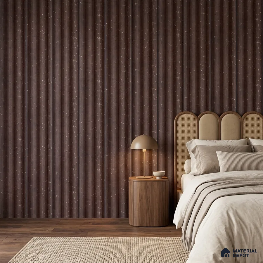 Japandi bedroom with walnut brown fluted wall panels, cane headboard, and natural wood flooring