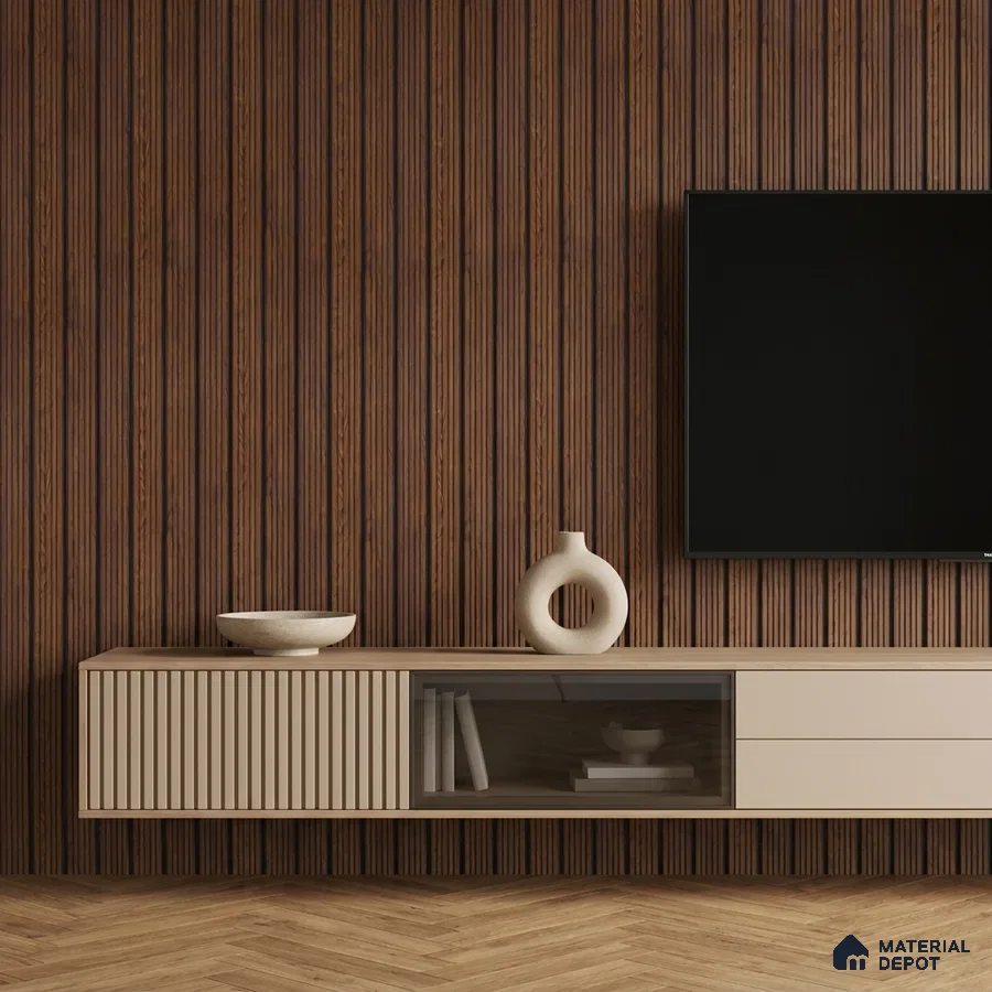 Minimalist TV unit with walnut brown fluted wall panels and beige matte laminate cabinet