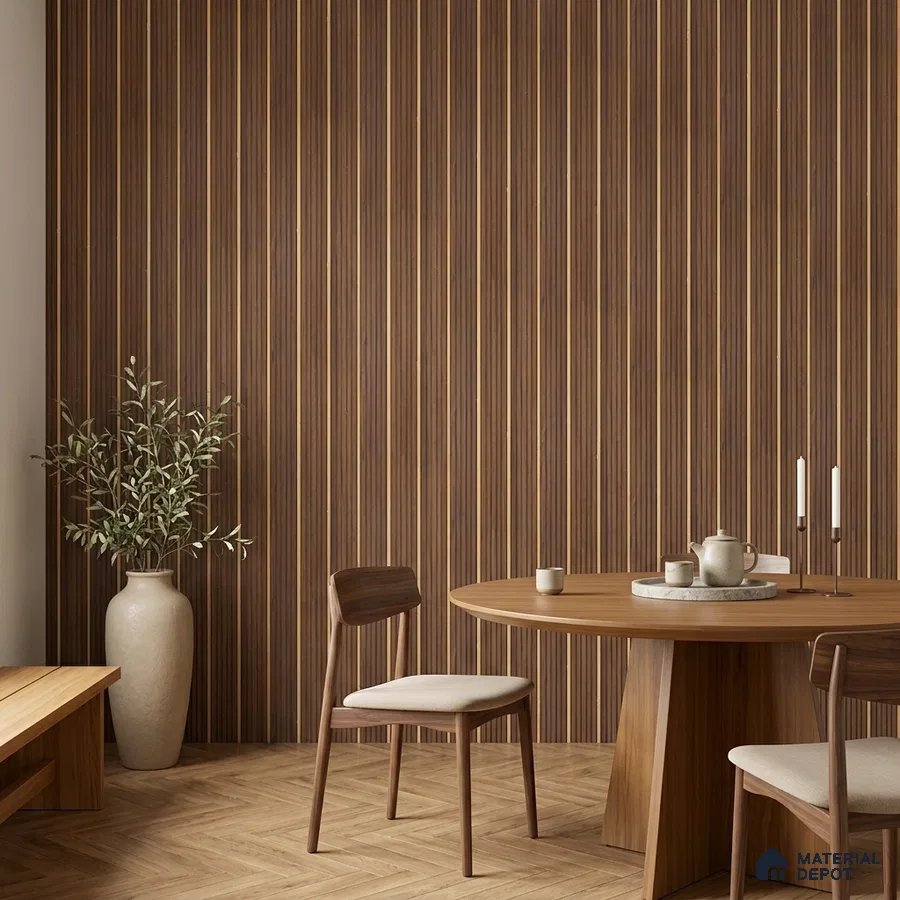 Japandi dining room with walnut wood fluted wall panels and herringbone wood flooring