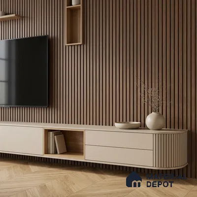 Minimalist TV unit with walnut wood fluted wall panels and beige laminate floating cabinet