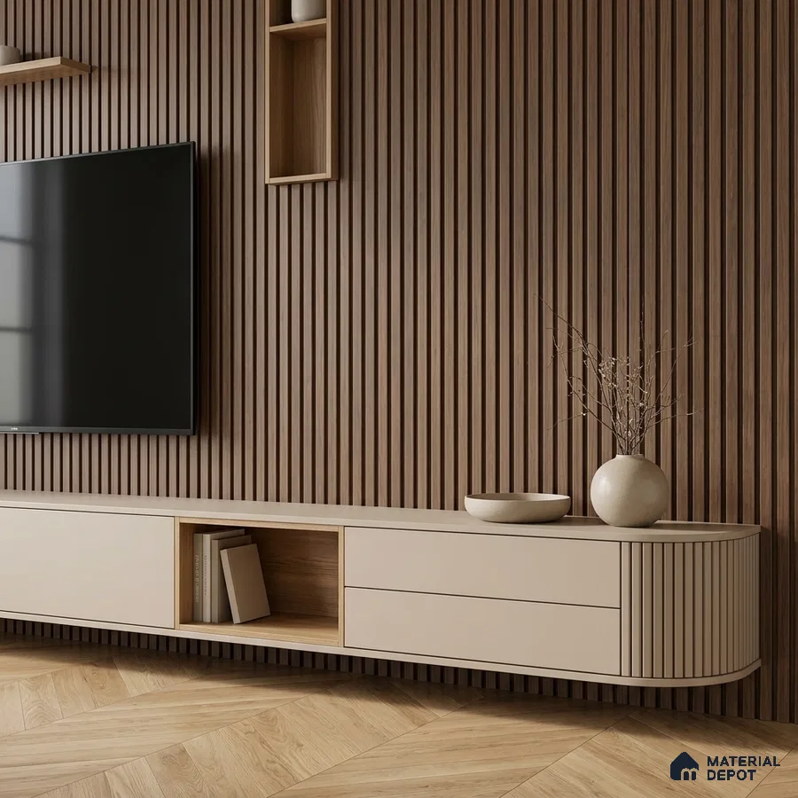 Minimalist TV unit with walnut wood fluted wall panels and beige laminate floating cabinet