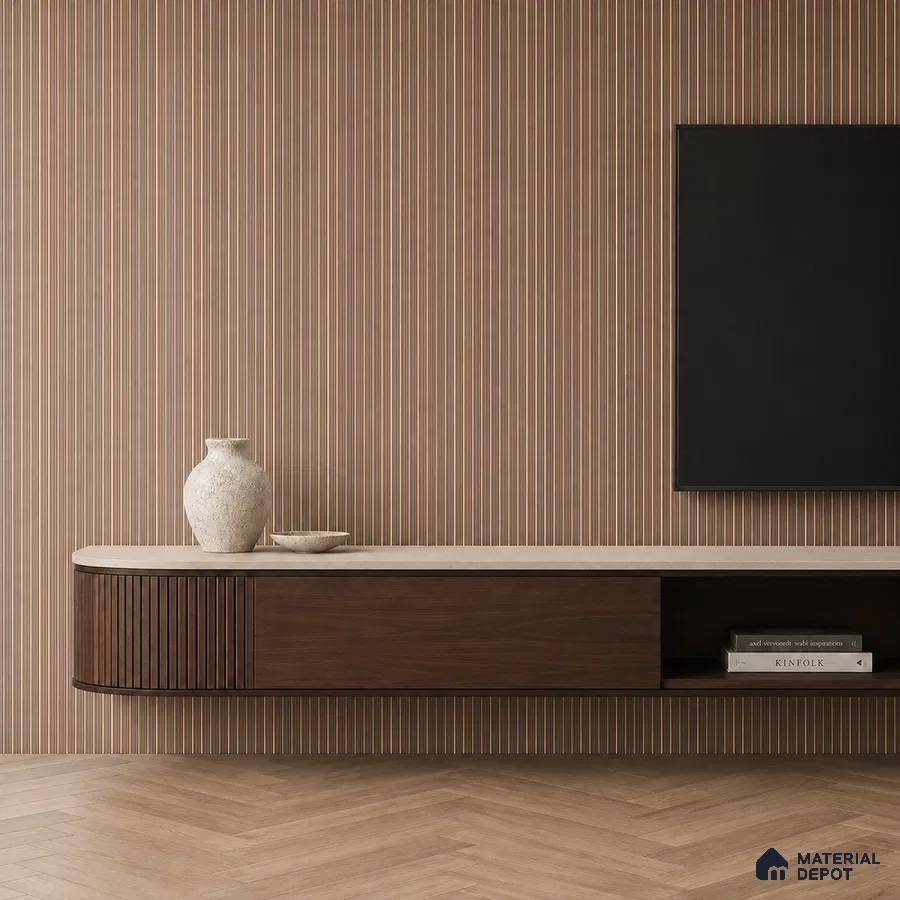 Minimalist TV unit with walnut wood laminate, fluted wall panels, and herringbone wooden flooring