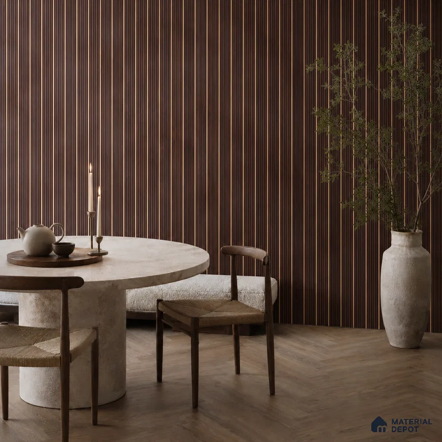 Japandi dining room with walnut fluted wall panels and light beige stone dining table