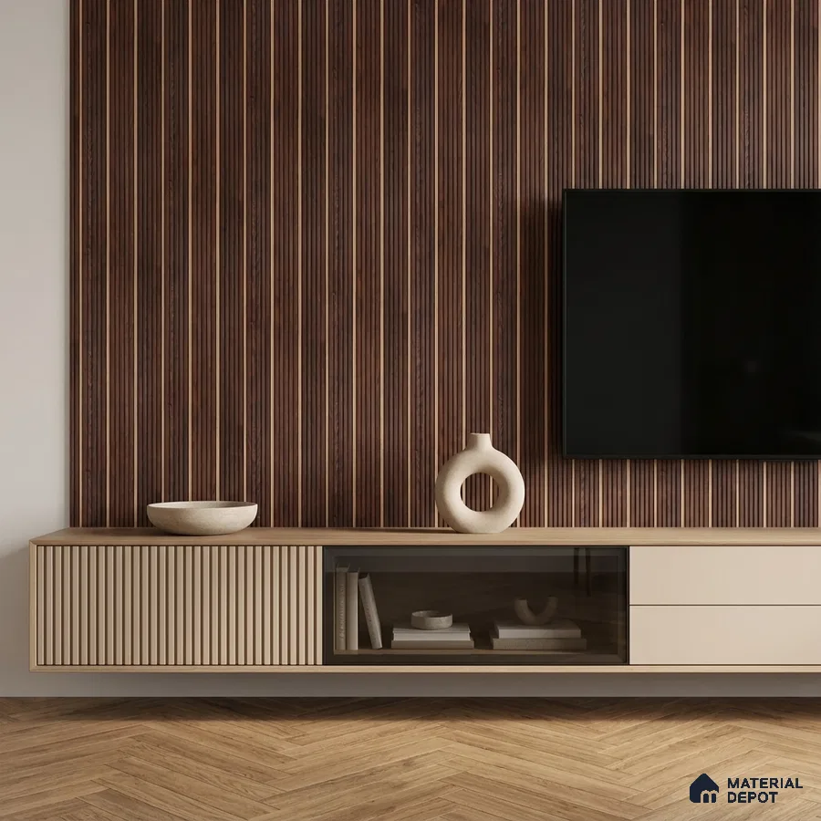 Minimalist TV unit with walnut brown fluted wall panels and beige laminate floating cabinet
