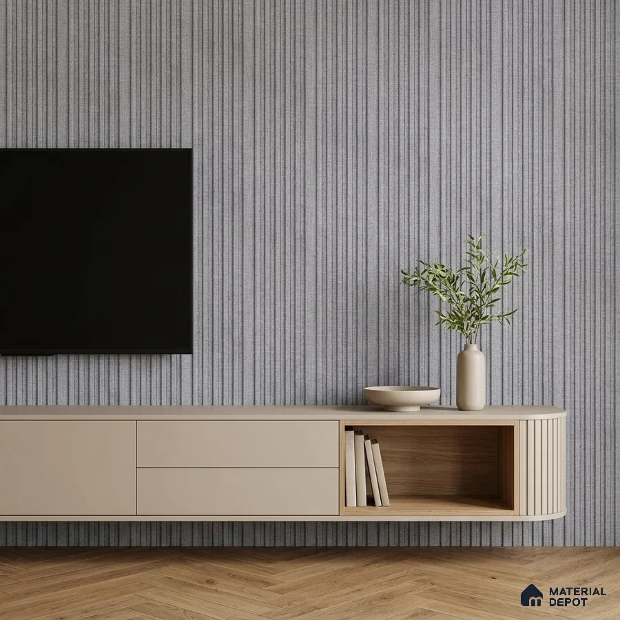 Minimalist TV unit with beige laminate, grey fluted tile, and herringbone wood flooring