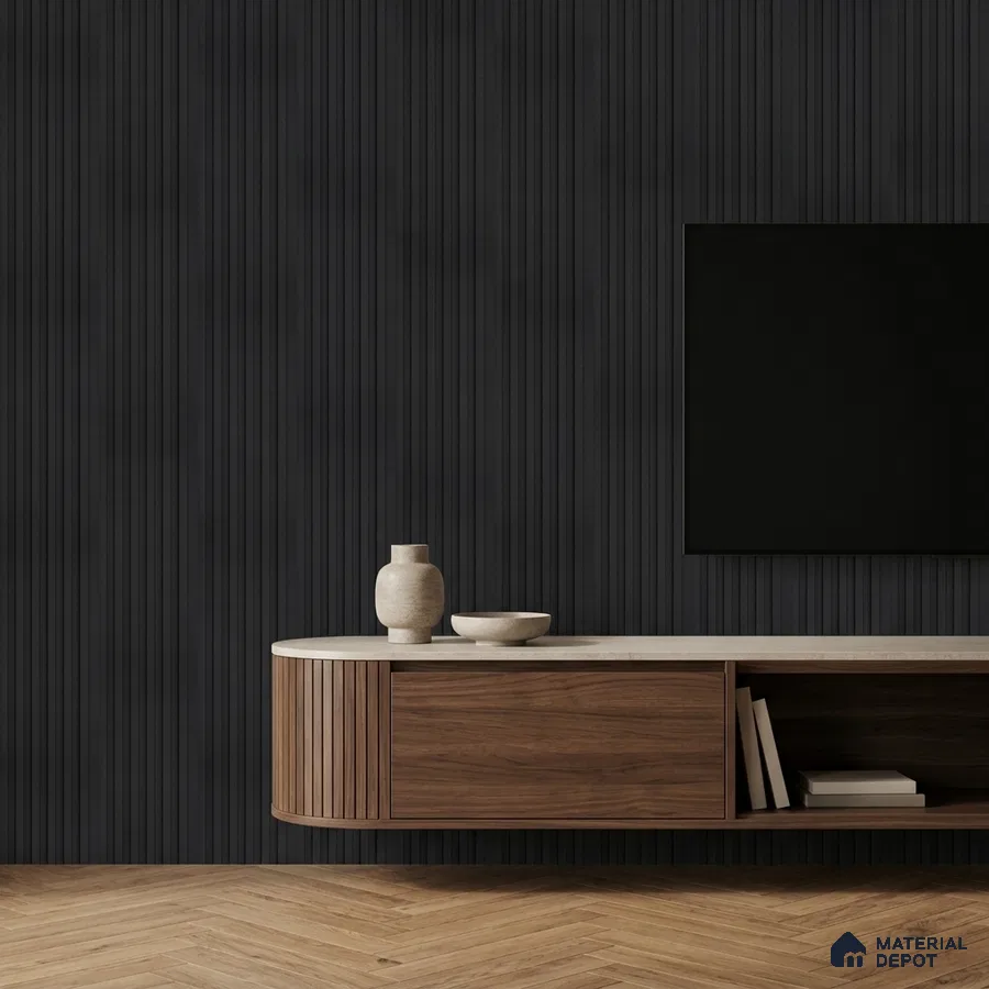 Minimalist TV unit with walnut wood laminate, black fluted wall panels, and herringbone wooden flooring
