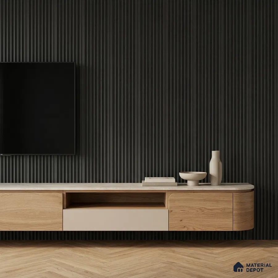 Minimalist TV unit with black fluted wall panels and light oak laminate on floating cabinet