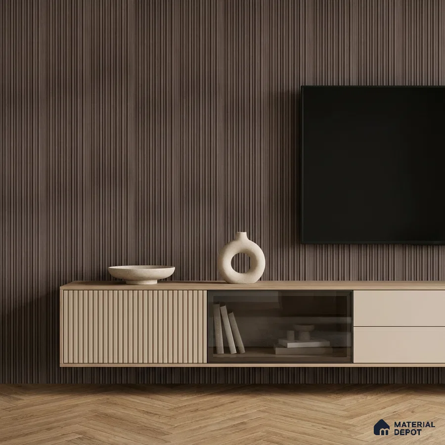 Minimalist TV unit with beige laminate, brown fluted wall panels, and herringbone wood flooring