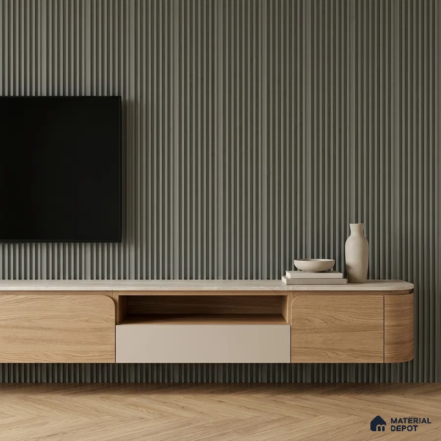 Minimalist TV unit with oak wood laminate, beige solid laminate, and grey fluted wall panels