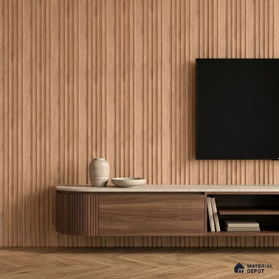 Minimalist TV unit with walnut wood laminate, fluted wall panels, and herringbone wooden flooring
