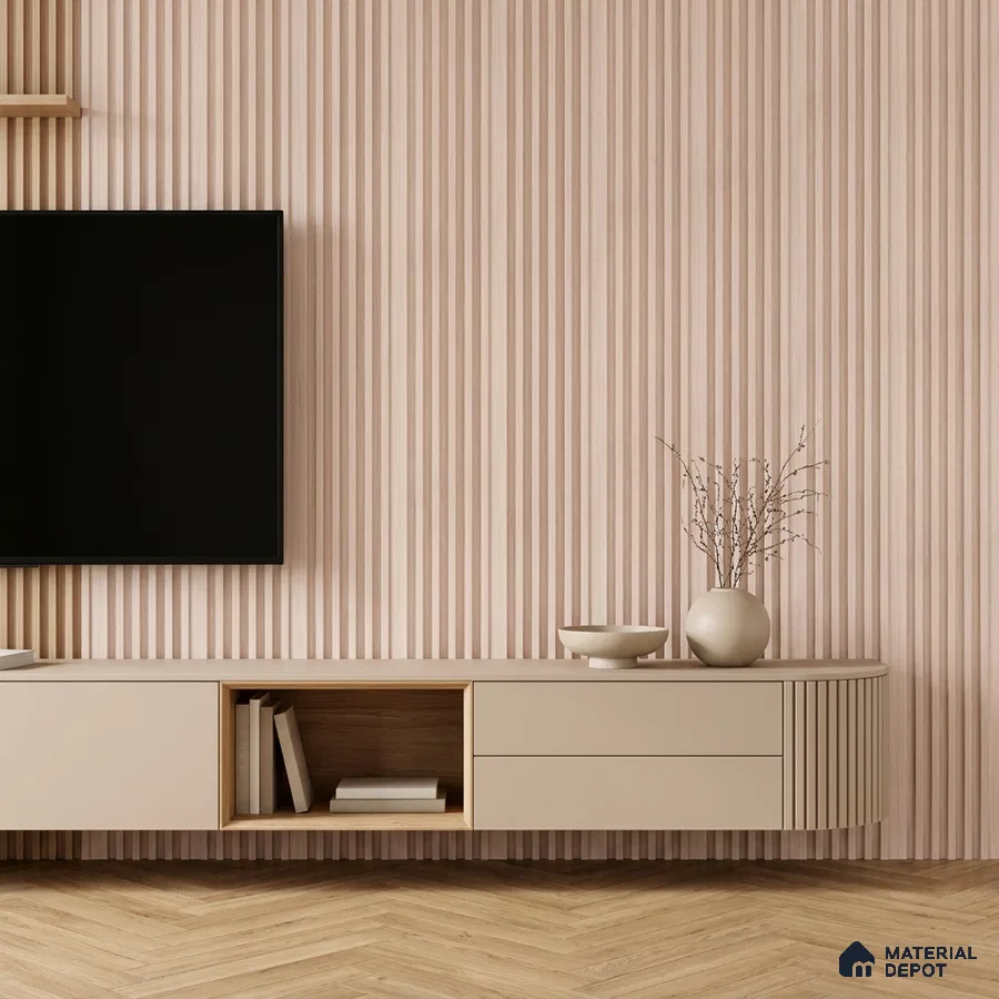 Minimalist TV unit with beige matte laminate, light wood fluted wall panels, and herringbone wooden flooring