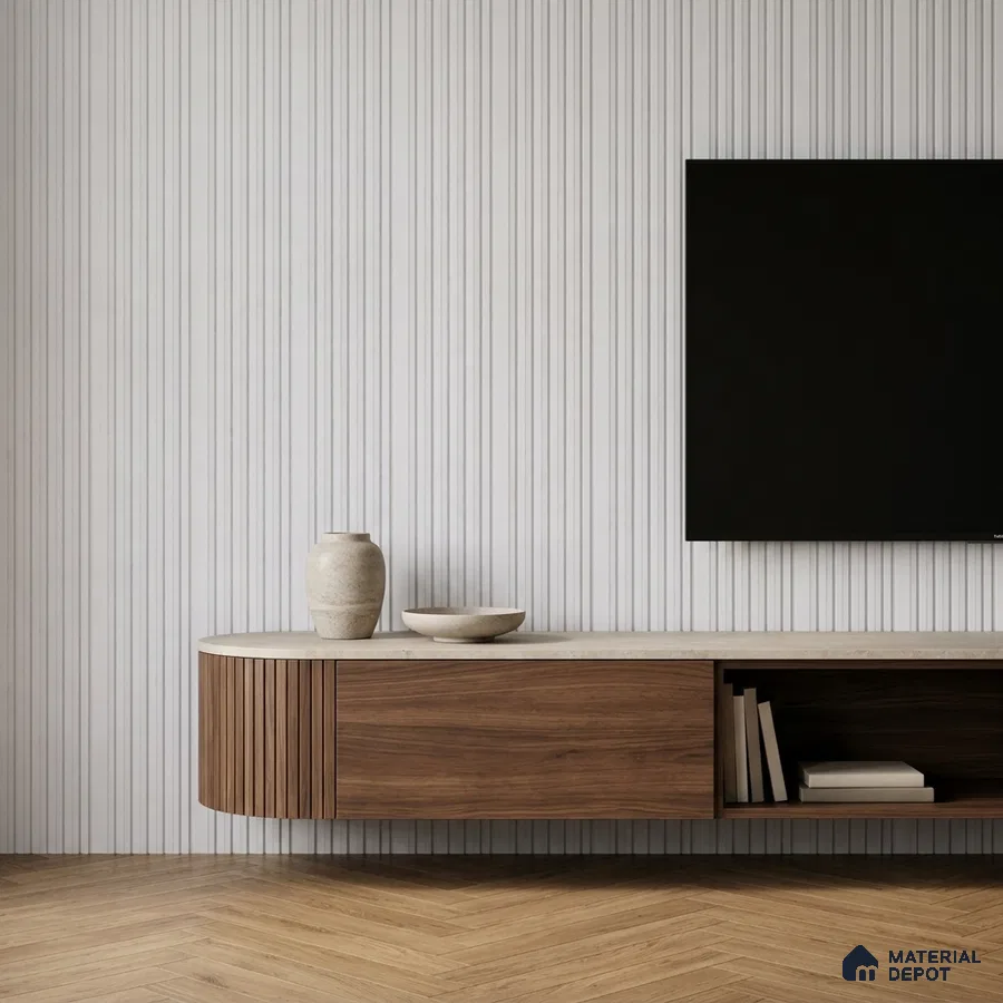 Minimalist TV unit with walnut wood laminate, fluted panel, and herringbone wooden flooring