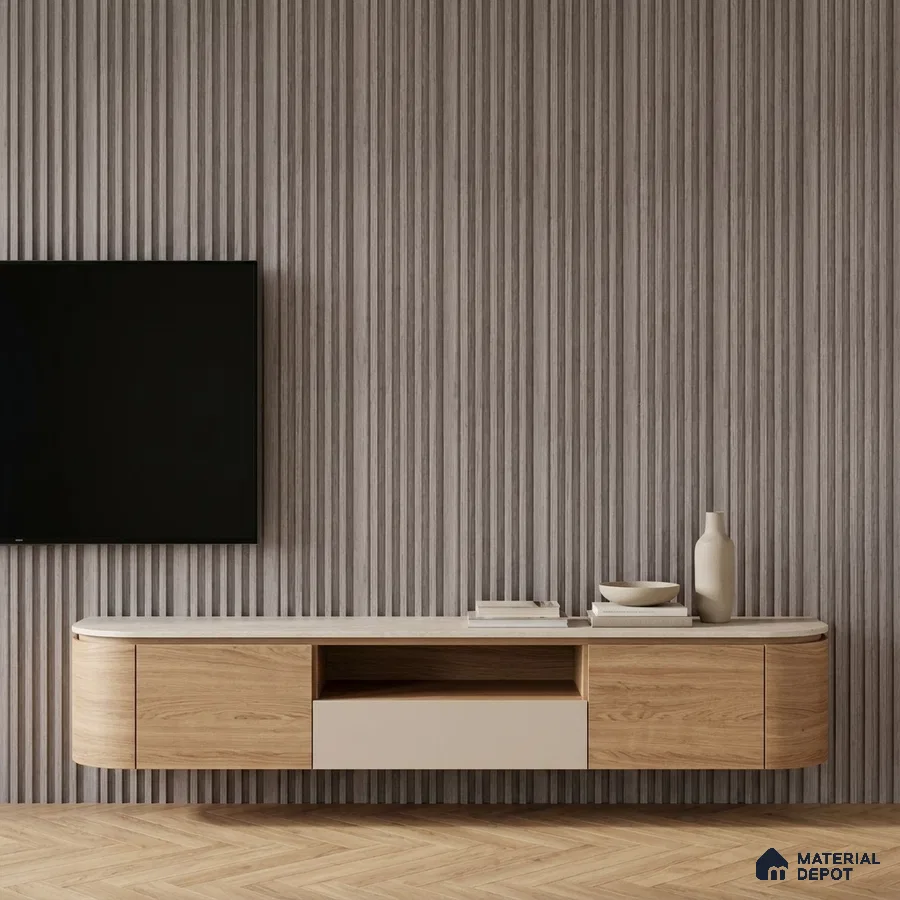 Minimalist TV unit with light oak laminate, beige drawer, and grey fluted wall panels