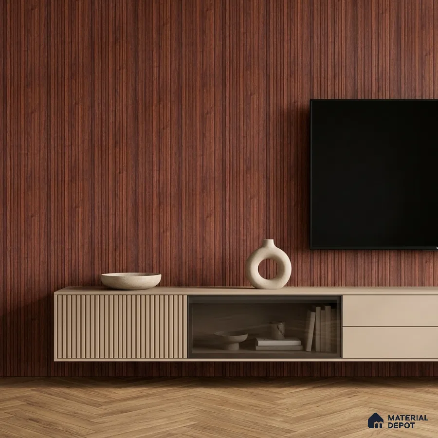 Modern TV unit with walnut brown fluted wall panels and beige matte laminate floating cabinet