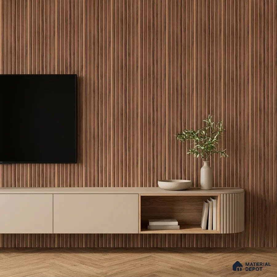 Minimalist TV unit with walnut wood fluted wall panels and beige laminate floating cabinet