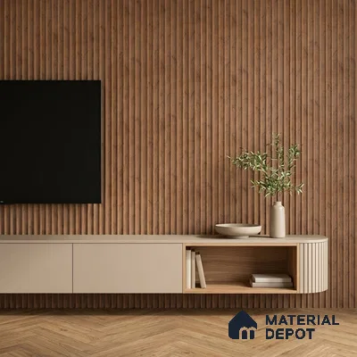 Minimalist TV unit with walnut wood fluted wall panels and beige matte laminate cabinet