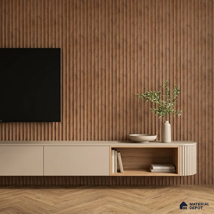 Minimalist TV unit with walnut wood fluted wall panels and beige matte laminate cabinet