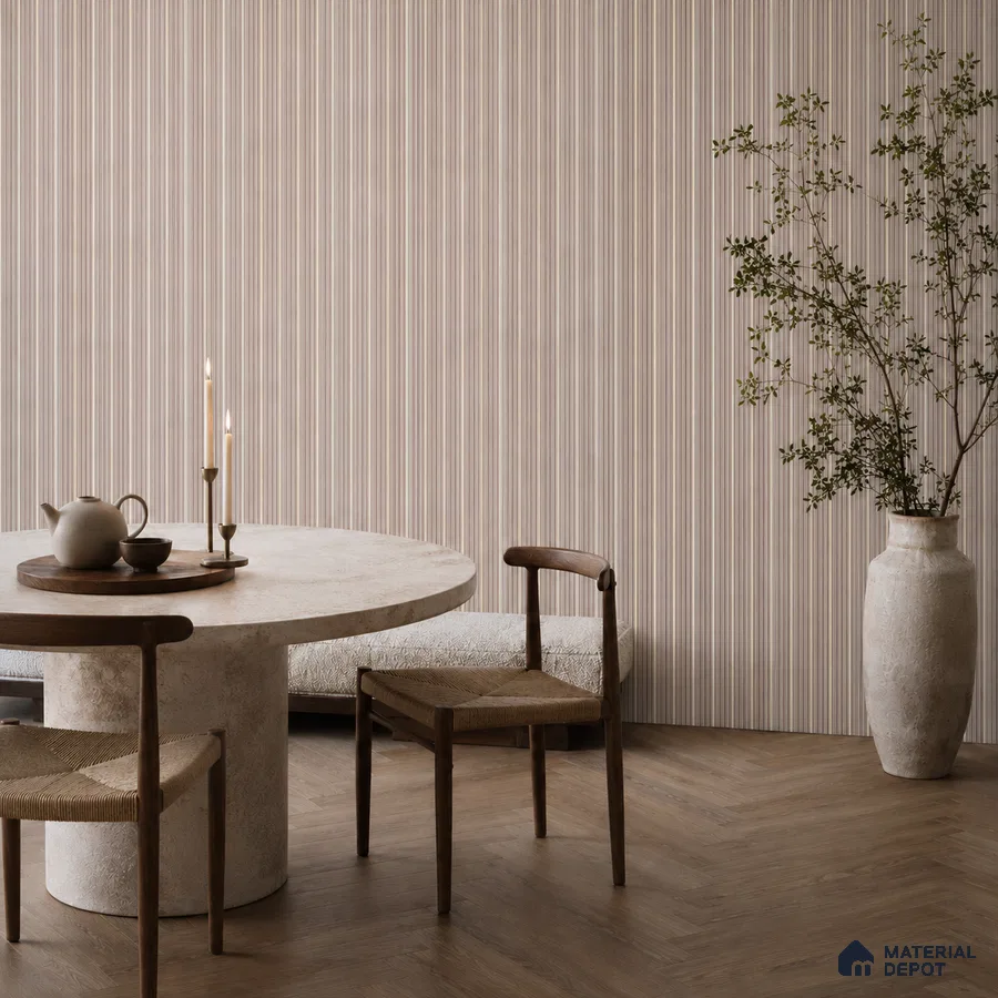 Japandi dining room with textured stone table, striped tile, and herringbone wood flooring