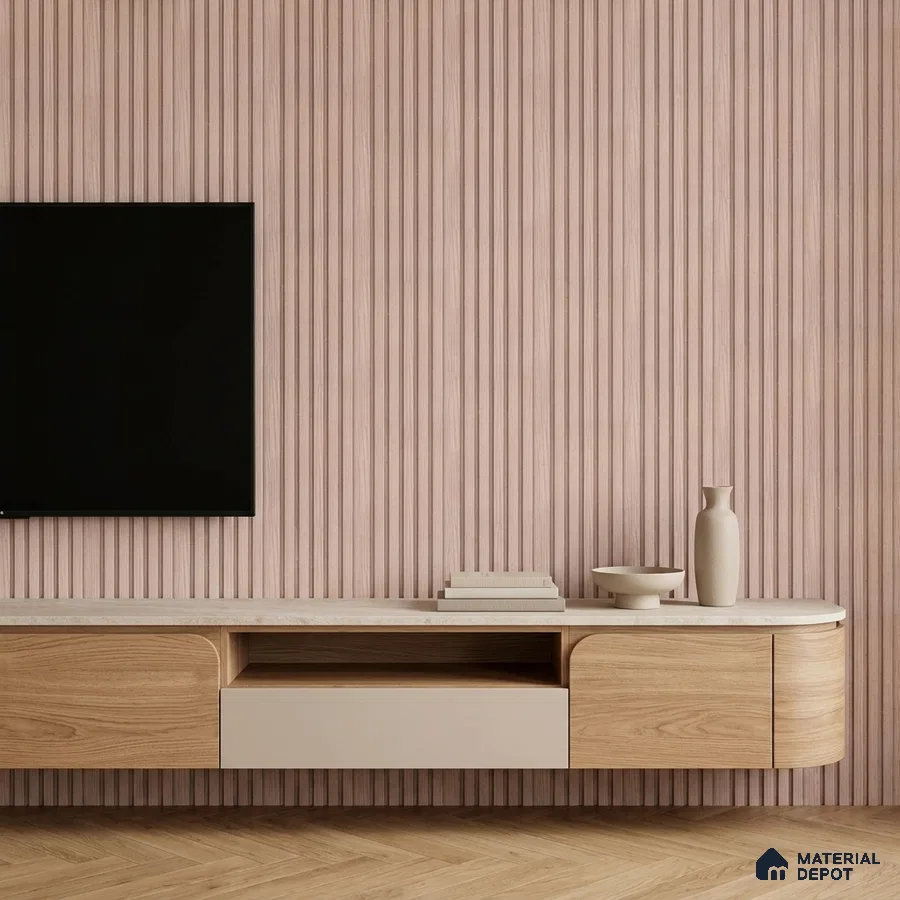 Scandinavian TV unit with light oak laminate, beige fluted wall panels, and herringbone wooden flooring