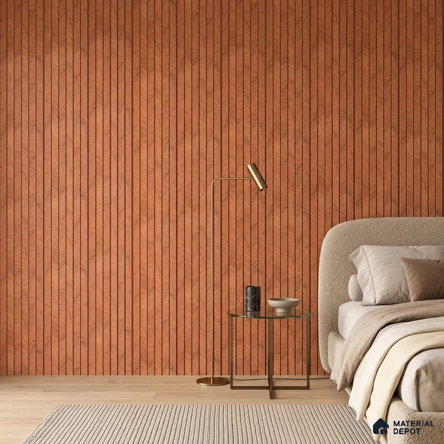 Japandi bedroom with terracotta fluted tile and beige upholstered bed