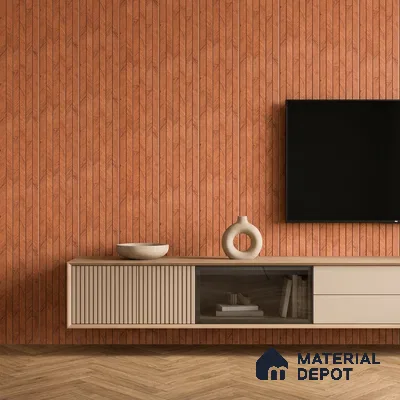 Modern TV unit with terracotta chevron wood wall panels and beige matte laminate cabinet