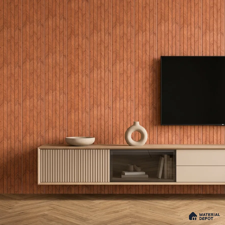 Modern TV unit with terracotta chevron wood wall panels and beige matte laminate cabinet
