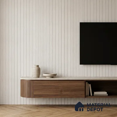 Minimalist TV unit with walnut wood laminate, fluted wall panels, and herringbone wooden flooring